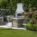 Jessica Capshaw and Christopher Gavigan’s backyard entertainment space featuring ForeverLawn Fusion