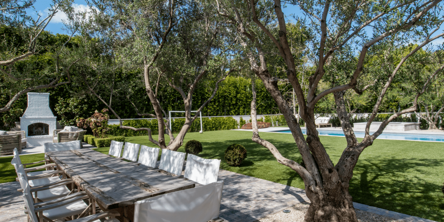 Jessica Capshaw and Christopher Gavigan’s backyard entertainment space featuring ForeverLawn Fusion