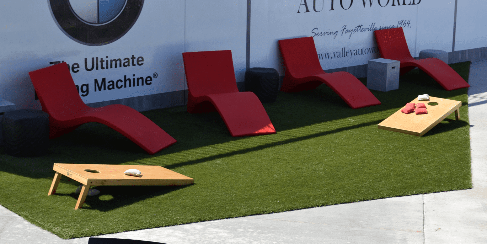 Lounge area at Segra Stadium featuring ForeverLawn Fusion Pro artificial grass.