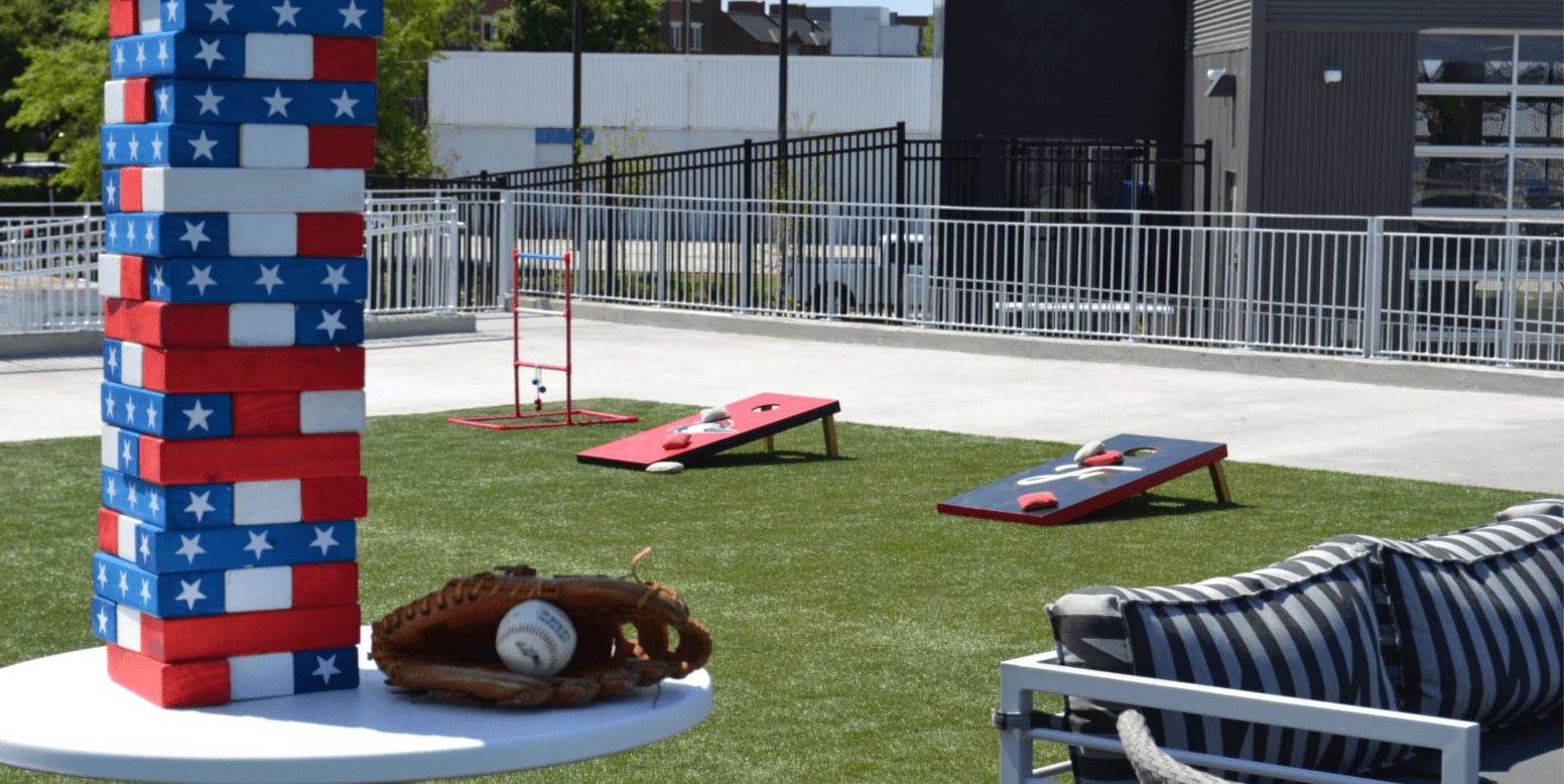 Lounge area at Segra Stadium featuring ForeverLawn Fusion Pro artificial grass.