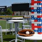 Lounge area at Segra Stadium featuring ForeverLawn Fusion Pro artificial grass.