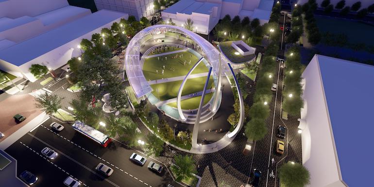 Centennial Plaza in Downtown Canton featuring ForeverLawn Landscape synthetic grass