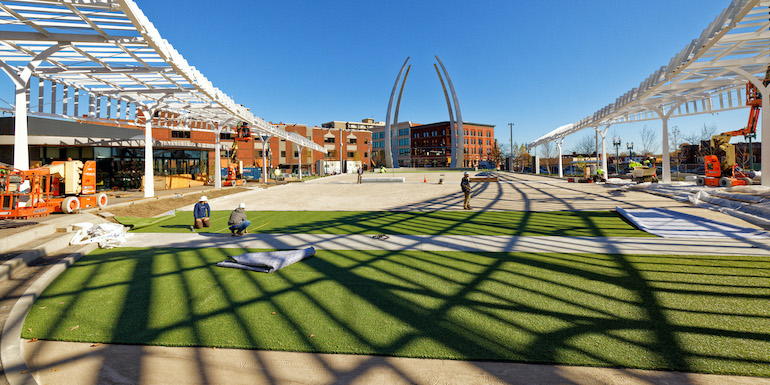 Centennial Plaza in Downtown Canton featuring ForeverLawn Landscape synthetic grass