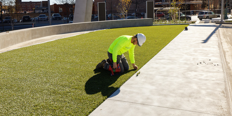 Centennial Plaza in Downtown Canton featuring ForeverLawn Landscape synthetic grass