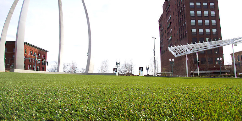 Centennial Plaza in Downtown Canton featuring ForeverLawn Landscape synthetic grass