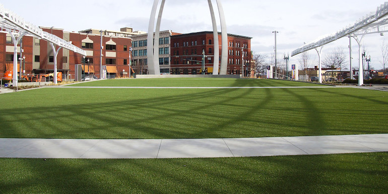 Centennial Plaza in Downtown Canton featuring ForeverLawn Landscape synthetic grass