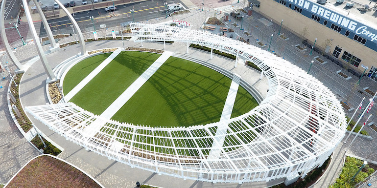 Centennial Plaza in Downtown Canton featuring ForeverLawn Landscape synthetic grass