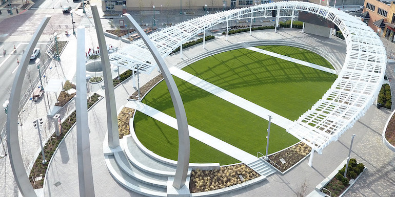 Centennial Plaza in Downtown Canton featuring ForeverLawn Landscape synthetic grass